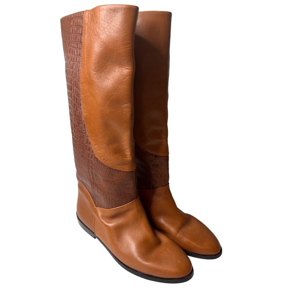Handcrafted Leather Tall Boots Croc Embossed Accents Brown Sz 6.5 Mid-Calf